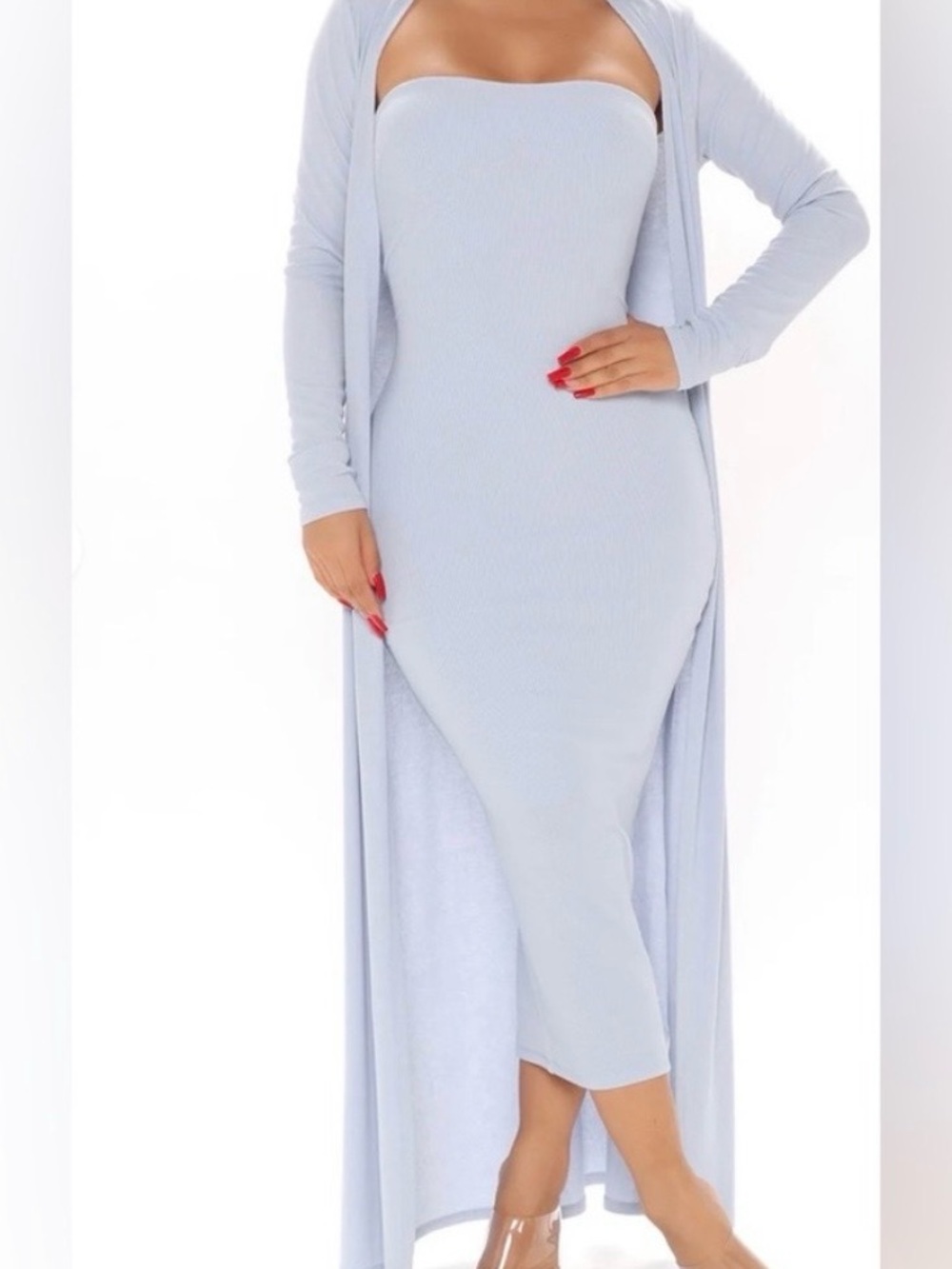 FashionNova Strapless Light Blue Bodycon Midi Dress with Long Duster